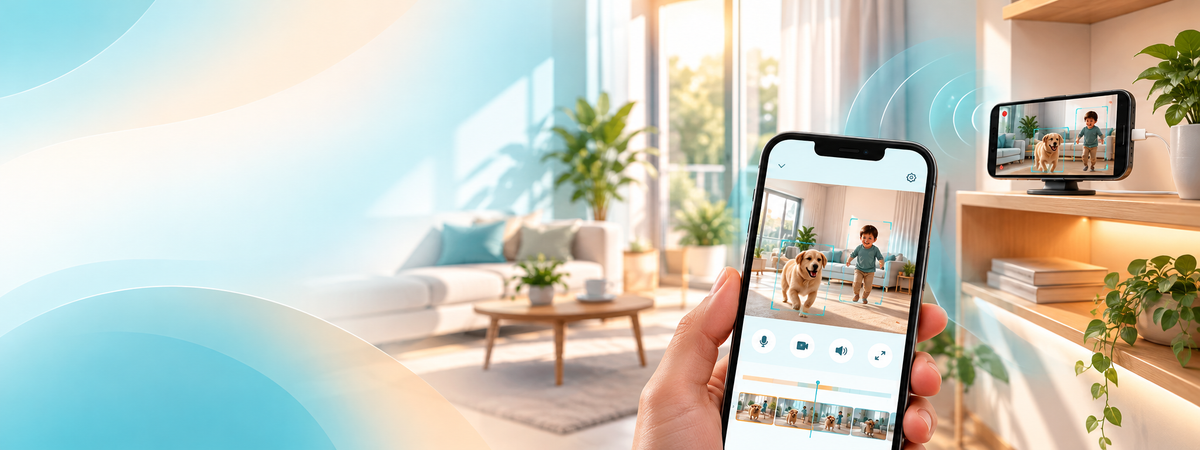 Hestiaa smartphone home monitoring app showing a child and dog playing on a live video